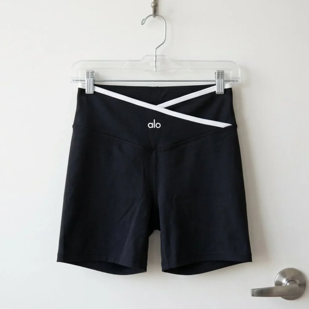 Alo Inspired Crossover Waist Yoga Shorts Black Athleisure Activewear - Picture 3 of 5